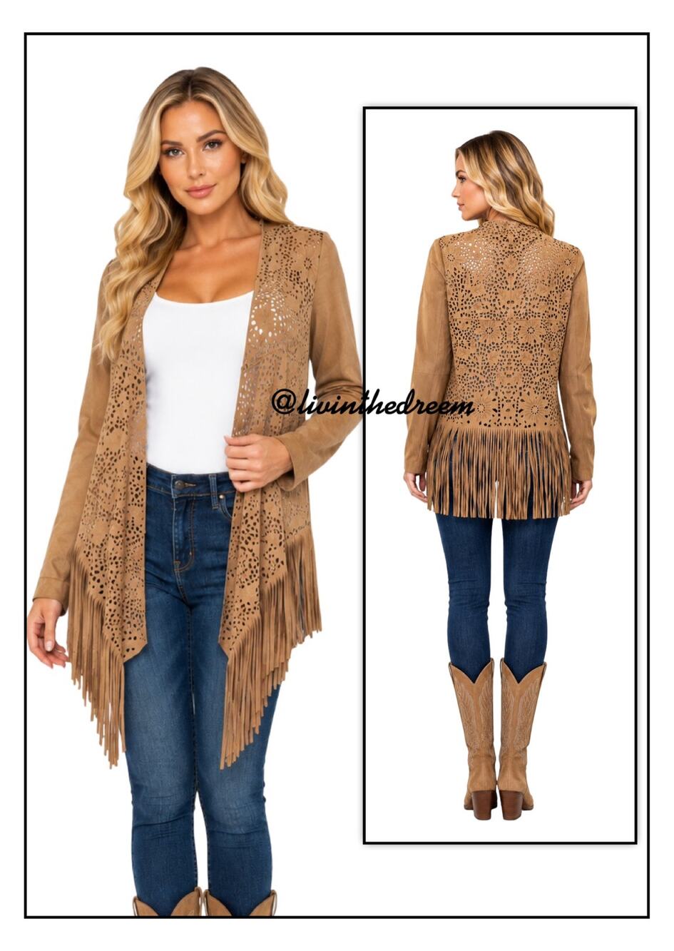 Adore Faux Suede Laser Cut  Western Fringe Jacket SZ S